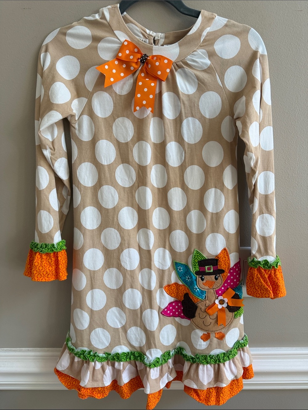 Rare Editions Beige Polka Dot Turkey Holiday Dress with Orange Bow Size 12